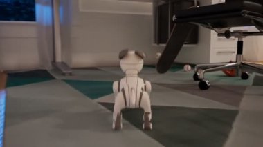 Neşeli robot köpekli çizgi film animasyonu. Küçük bir köpek evin içinde koşuyor. Küçük sevimli evcil hayvana yakın dur. İnsan en iyi arkadaşının dijital versiyonu. Renkli CGI canlandırıcı. 4K