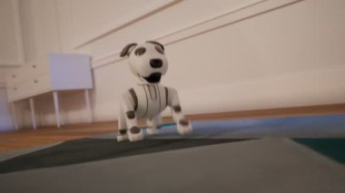 Neşeli robot köpekli çizgi film animasyonu. Küçük bir köpek evin içinde koşuyor. Küçük sevimli evcil hayvana yakın dur. İnsan en iyi arkadaşının dijital versiyonu. Renkli CGI canlandırıcı. 4K