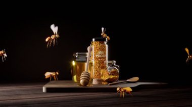 Bal ve arı poleni dolu kavanozların üzerinde uçan robotik arıların gelecekteki konsepti. Küçük akıllı böcekler polen toplamak ve bal üretmek için kullanılır. Doğal ortamda kullanılan gelişmiş teknoloji.