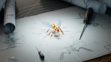 Tasarımlarının üzerinde duran bir araya getirilmiş yapay arı robotu. Tasarımcı masası planlarla dolu. Teknolojinin gelecekteki parçası gerçekleştirildi. Yüksek teknolojili böcek değiştirme. Yakın çekim..