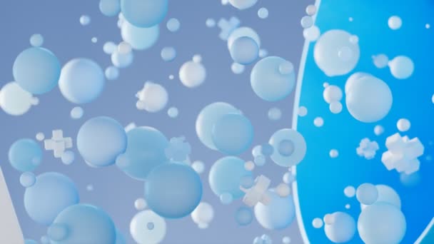 蓝色大胶囊在蓝色背景下包封药物或抗生素的小颗粒 医疗保健 治疗的概念 密封在胶囊内的浮泡 — 图库视频影像