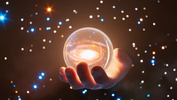 Чарівна Кристалічна Куля Всесвітом Всередині Висвітлює Руку Чарівника Тримає Незліченні — стокове відео