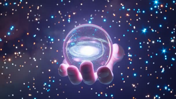 Чарівна Кристалічна Куля Всесвітом Всередині Висвітлює Руку Чарівника Тримає Незліченні — стокове відео