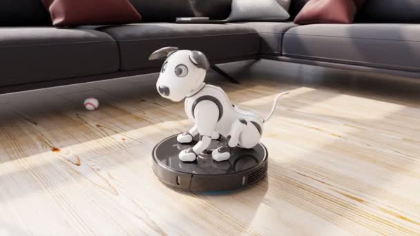 快乐互动的机器人狗坐在一个工作的自动吸尘器上 可爱的 有趣的小狗玩具给孩子们 玩具或宠物的未来主义技术 具有训练功能的聪明伴侣 — 图库视频影像