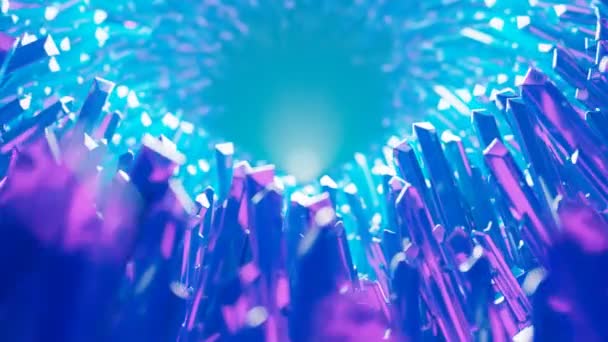 一个充满神奇的蓝色和紫色水晶的无休止的洞穴 美丽的 闪亮的 发光的魔法来源 无缝线动画 前兆爆炸效应 镜头向前移动 — 图库视频影像