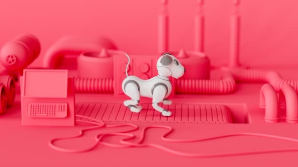 トレッドミルを歩く子犬ロボット犬とのアニメーション かわいい小さなロボットを表示するカラフルなCgiレンダリング 現代のテクノロジーは 人工的な人間の親友を生み出しました 販売する前にチェックする工場エラー — ストック動画