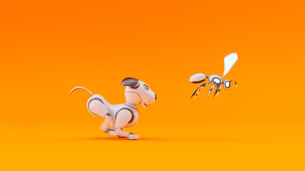 陽気なロボットの子犬と漫画アニメーション 小さな犬がロボット蜂を追いかけている かわいい小さなペットの近くに 人間の親友のデジタル化されたバージョン カラフルなCgiレンダリング — ストック動画