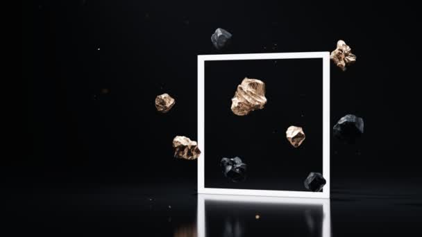 Animation Gold Metal Nuggets Floating Spinning Front Geometric Square Bright — Stock Video