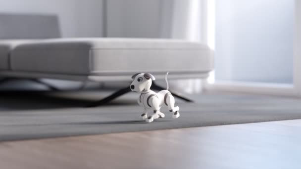 Мультиплікаційна Анімація Веселим Цуценям Роботом Маленький Собака Ходить Килимі Вітальні — стокове відео