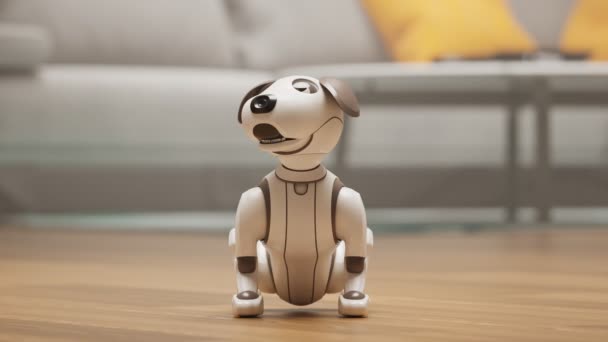 甘い犬のおもちゃはゆっくり腐敗し 赤い目で危険で怒っています 一般的な近代的な家庭内インテリアにおける悪の人工知能 ヴェルティゴ ショット 未来的なテクノロジーの欠陥 — ストック動画