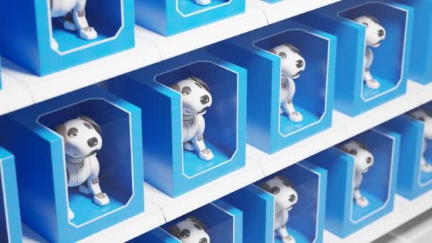 Gloednieuw Wit Plastic Robot Hondenspeelgoed Worden Gestapeld Winkelschappen Kunstmatige Intelligentie — Stockvideo