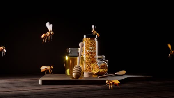 Bal Arı Poleni Dolu Kavanozların Üzerinde Uçan Robotik Arıların Gelecekteki — Stok video