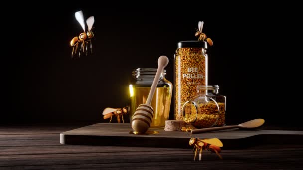 Futurystyczna Koncepcja Robotycznych Pszczół Latających Nad Słoikami Pełnymi Miodu Pyłku — Wideo stockowe