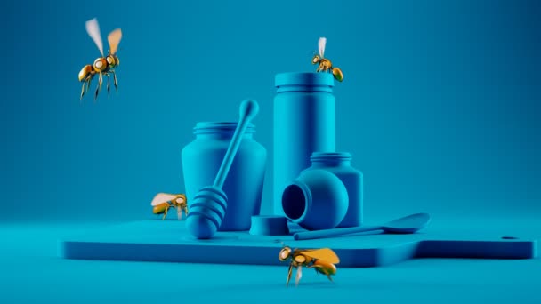 Futuristický Koncept Robotických Včel Letících Nad Sklenicemi Plnými Medu Včelího — Stock video