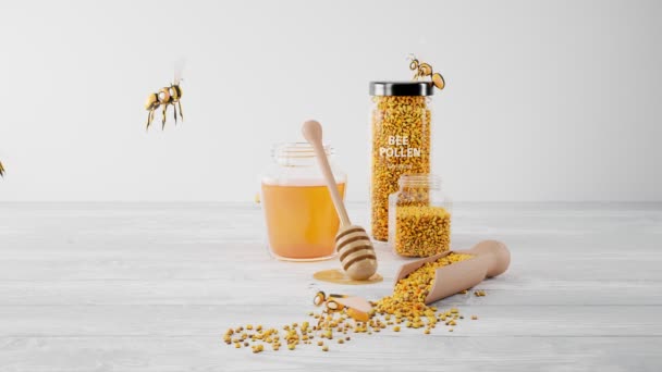 Футуристична Концепція Роботизованих Бджіл Літають Над Баночками Повними Меду Бджолиного — стокове відео