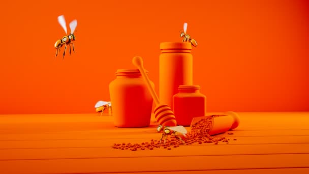 Futurystyczna Koncepcja Robotycznych Pszczół Latających Nad Słoikami Pełnymi Miodu Pyłku — Wideo stockowe