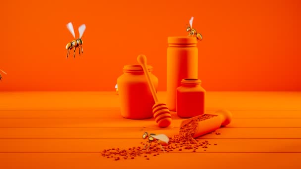 蜂蜜と蜂の花粉でいっぱいの瓶の上を飛ぶロボット蜂の未来的な概念 小さなスマートバグは花粉を集め 蜂蜜を生産するために使用されます 自然環境で使用される先進技術 — ストック動画