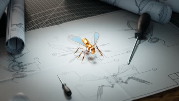 金色の人工蜂のロボットがその青写真図に立っている デザイナーズオフィスはプラン満載 未来のテクノロジーが実現しました ハイテク昆虫の取り替え クローズアップショット — ストック動画