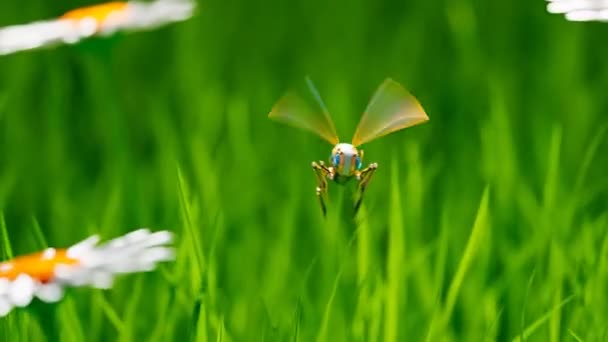 Sztuczna Inteligencja Pszczoła Robot Latający Przez Kolorowe Zielone Bujne Łąki — Wideo stockowe