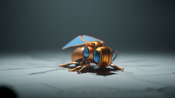 Zmontowany Złoty Sztuczny Robot Pszczeli Stojący Swoich Schematach Pierwsze Uruchomienie — Wideo stockowe