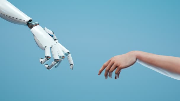 Animatie Met Close Glanzende Robotarm Die Menselijke Hand Raakt Futuristisch — Stockvideo