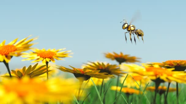 Κινούμενο Σχέδιο Μέλισσα Ρομπότ Που Πετάει Στο Λιβάδι Και Προσγειώνεται — Αρχείο Βίντεο