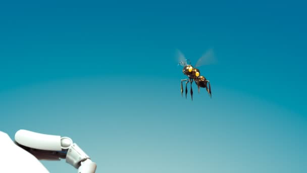 Concepto Futurista Una Abeja Mecánica Inteligente Aterrizando Una Mano Robot — Vídeo de stock