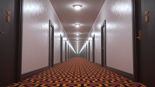 在长长的 暗淡的 令人毛骨悚然的旅馆走廊里 镜头在镜头中飞驰而过 空荡荡的 黑暗的 恐怖的大堂有很多棕色的 木制的门 完美的恐怖目的 渲染Cgi — 图库视频影像