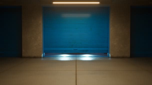 Portas Garagem Azuis Lentamente Levantadas Revelando Supercarro Laranja Colorido Dentro — Vídeo de Stock
