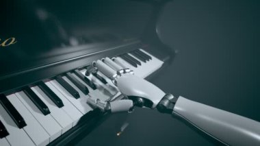 Modern, fütürist bir robot piyanoda müzik çalıyor. Yapay bir makine klavyeye hassasiyetle dokunuyor. Beyaz, robot parmaklar hassasiyetle hareket ediyor. Bilim sanatla buluşur. 4k