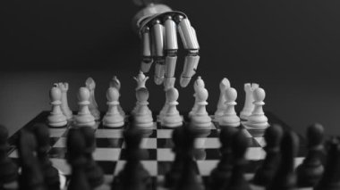 Parlak fütürist robotik kol satranç oynuyor. Robot satranç tahtasını teslim etti. Yapay zeka insanlığın sorunlarını çözer. Karmaşık algoritmalar kullanan ileri teknoloji kavramı.