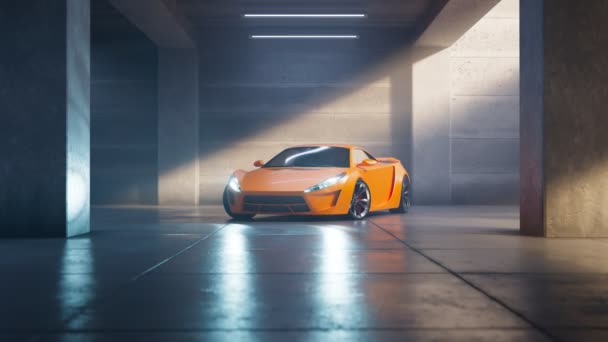 Krásné Oranžové Sportovní Auto Stojící Opuštěné Podzemní Garáži Temný Interiér — Stock video