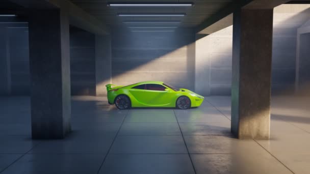 見捨てられた地下ガレージに立っている美しい緑色のスポーツカー 天井から差し込む太陽光で暗いインテリアが照らされます 研磨されたコンクリートの床はヘッドライトを反映します — ストック動画