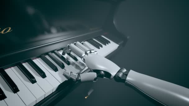 一个现代的 未来主义的机器人正在钢琴上弹奏音乐 一台人造机器正在精确地触摸键盘键 白色的 机器人的手指在精确地运动 科学与艺术相遇 — 图库视频影像