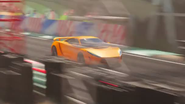 Snelle Gele Supercar Een Professionele Racebaan Hoge Snelheid Camera Beweging — Stockvideo