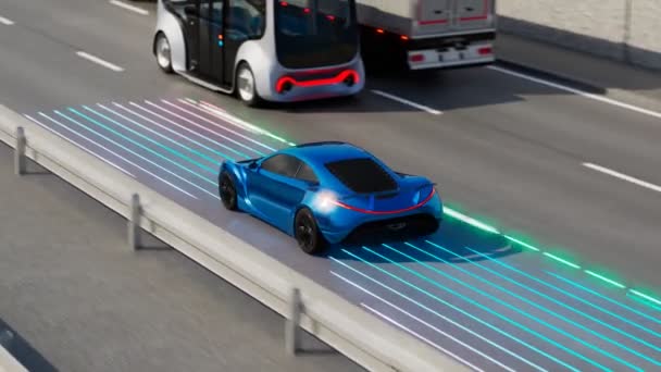 Self Driving Blue Sport Car Scanning Road Sensing Evironment Moving — Stock Video