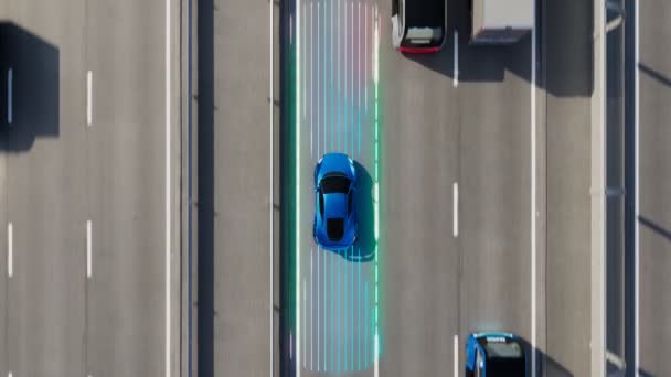Widok Góry Samojezdny Niebieski Samochód Sportowy Skanujący Drogę Wyczuwający Bezpieczny — Wideo stockowe