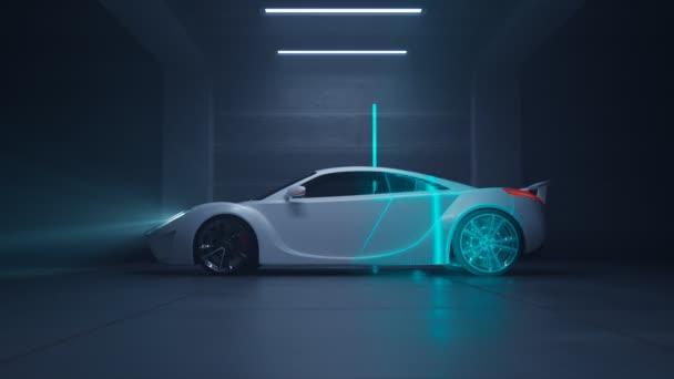 Temiz Garajda Duran Beyaz Spor Araba Tarandı Mavi Işık Tarayıcısı — Stok video