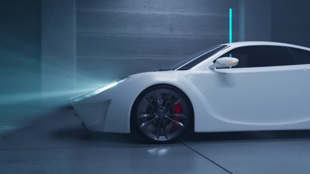 Bílé Sportovní Auto Stojící Čisté Garáži Skenováno Modrý Světelný Snímač — Stock video