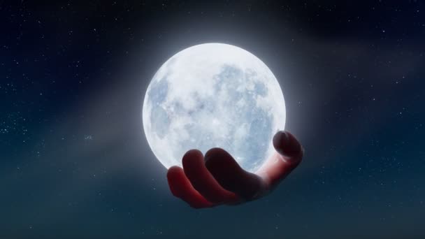 月を持っている 輝く明るい球体は 大きな人間の手によって保持されます たくさんの星と穏やかな方法で背景に輝くダークブルーの空 月を捕まえる ミスティック マジック — ストック動画
