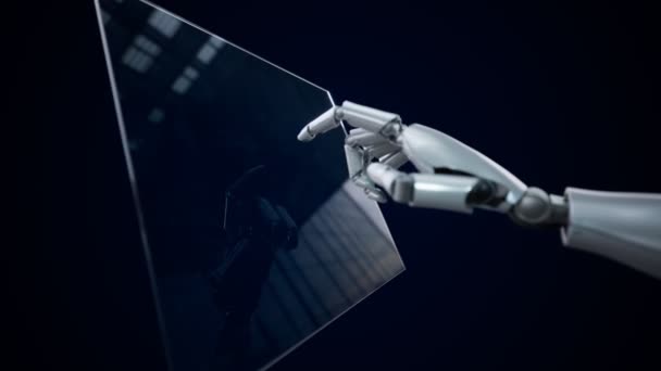Futuristische Scène Van Een Glanzende Witte Robotarm Die Het Touchscreen — Stockvideo