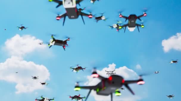 Varios Drones Modernos Vuelan Caóticamente Aire Por Encima Cámara Cielo — Vídeo de stock