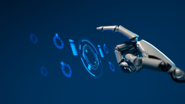 Futuristisk Scene Skinnende Hvid Robotarm Der Rører Berøringsskærmen Lancerer Systemet – Stock-video