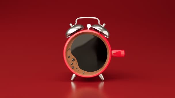 Kawa Budzikiem Czerwony Kubek Porcelanowy Mocnym Czarnym Espresso Pojęcie Przebudzenia — Wideo stockowe