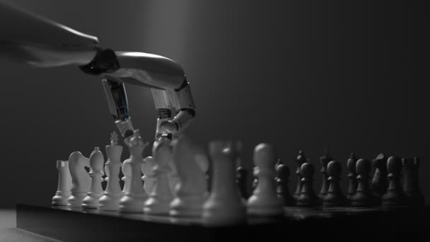 新的未来派机器人手臂下棋 机器人把棋盘交出来 人工智能解决了人类的问题 利用复杂算法的先进技术概念 — 图库视频影像