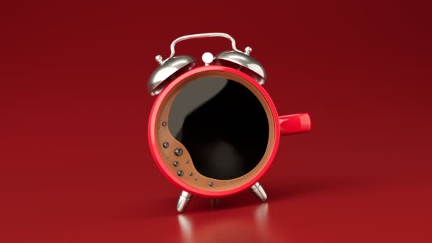 Alarm Clock Coffee Red Porcelain Cup Strong Black Espresso Concept — Stock Video