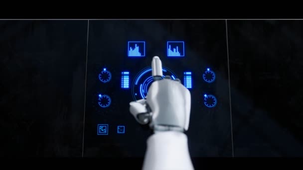 Futuristic Scene Shiny White Robotic Arm Touching Touch Screen Launching — Stock Video