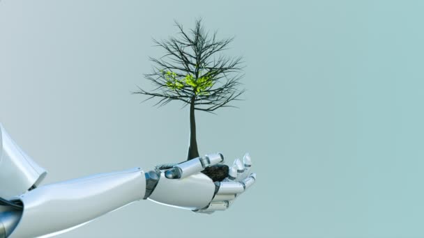 Concepto Futurista Robot Humanoide Avanzado Cuidando Árbol Con Hojas Verdes — Vídeo de stock
