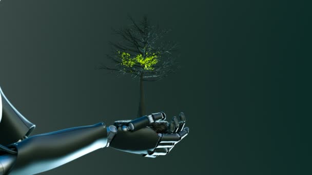 Concepto Futurista Robot Humanoide Avanzado Cuidando Árbol Con Hojas Verdes — Vídeo de stock