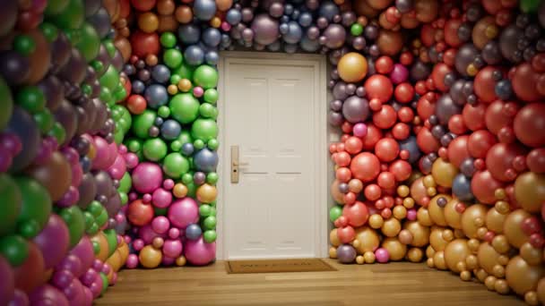 各种颜色的球或气球盖住了大楼的墙壁 充满活力 五彩缤纷 有趣的建筑 房屋的抽象装饰 周年纪念日 婴儿淋浴 Hd动画 — 图库视频影像